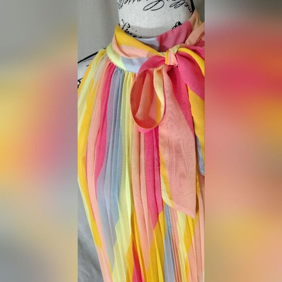 Sandra Darren Halter Pleated Chiffon Sherbert Colored Dress.Size L - Picture 2 of 7